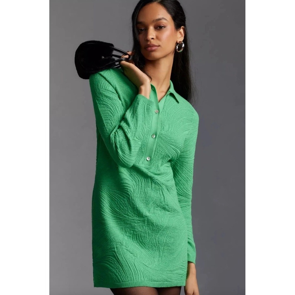 NEW By Anthropologie Large Long Sleeve Polo Sweater Mini Dress Textured‎ Green